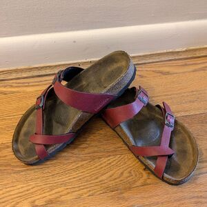 Birkenstock Burgundy Red Leather Cross Strap Sandals Comfort Slides Summer Shoes